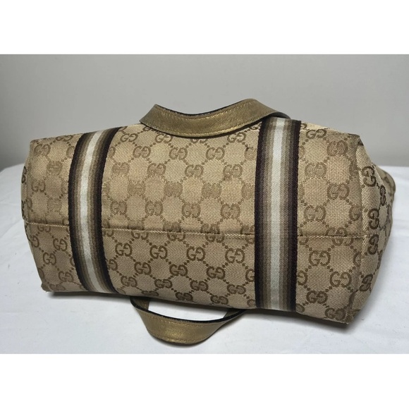 GUCCI Sherry Line Auth GG Pattern Gold Beige Canvas Leather Shoulder Tote Bag - Picture 11 of 16